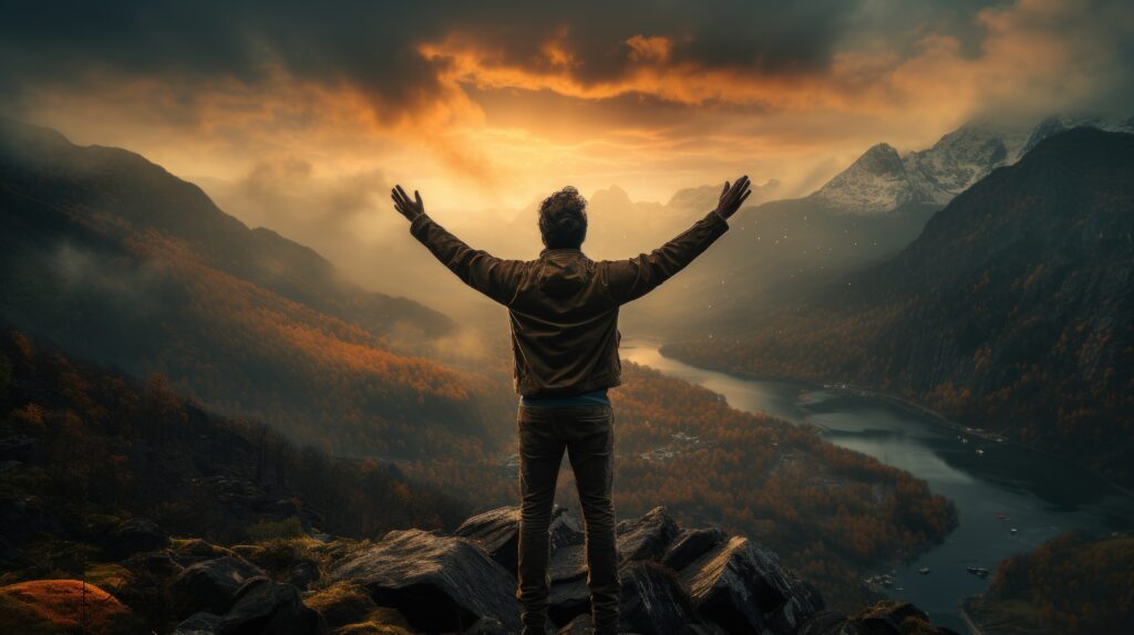 Man standing on top of the mountain and looking at the lake.
